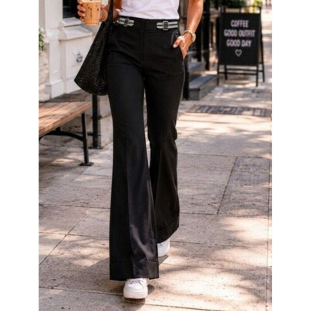 Trousers Belted 10 Marisa Trouser Nylon Black White Wide Leg Mid Rise Straight L